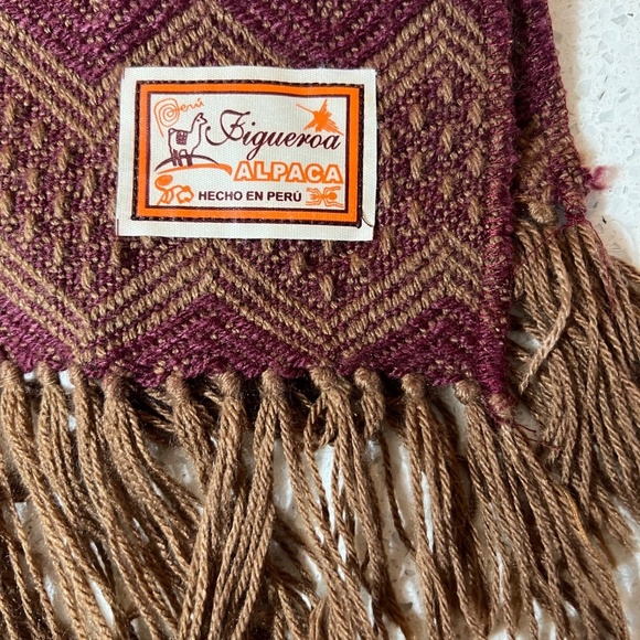 FIGUEROA Scarf Alpaca Wool Fringe Chevron Burgundy & Brown 7.5 X 59 Made in Peru - Picture 4 of 5